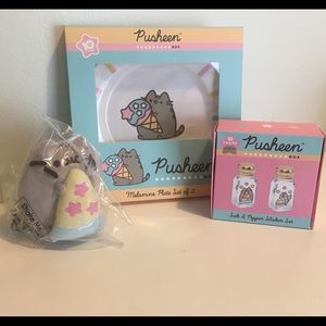 NEW Pusheen set. 2 dishes, salt & pepper, plush